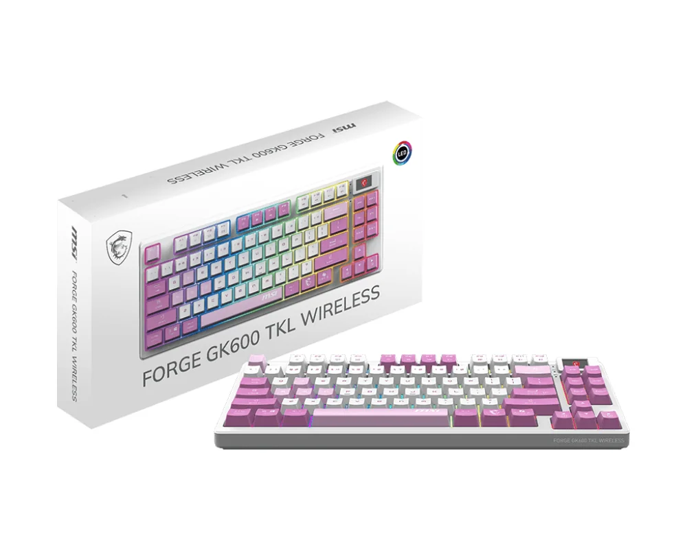 Игровая Клавиатура MSI FORGE GK600 TKL W VIOLET RU, Механическая/WIFI/BT/USB2.0/RGB/83кл/1.8м VIOLET