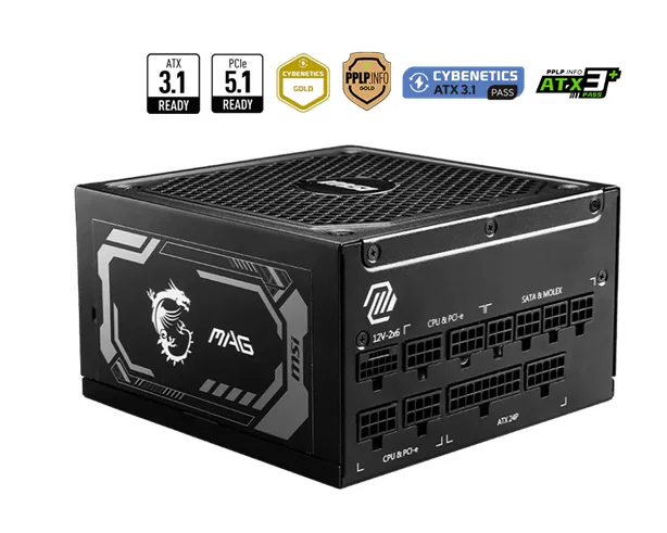 Блок питания MSI 1250W, MAG A1250GL PCIE5, Full Modular, ATX, 80+ GOLD, КПД >90%, Fan 135mm, Черный