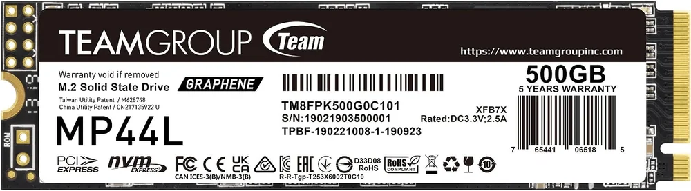 Твердотельный накопитель 500GB SSD TeamGroup MP44L PCIe 4.0 R5000Mb/s, W2500MB/s TM8FPK500G0C101