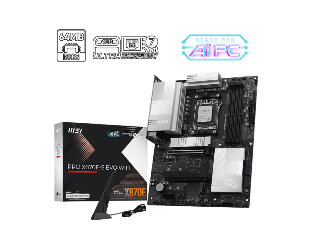 Материнская плата MSI PRO X870E-S EVO WIFI AM5 4xDDR5 4xSATA3 RAID 3xM.2 HDMI 2xType-C ATX