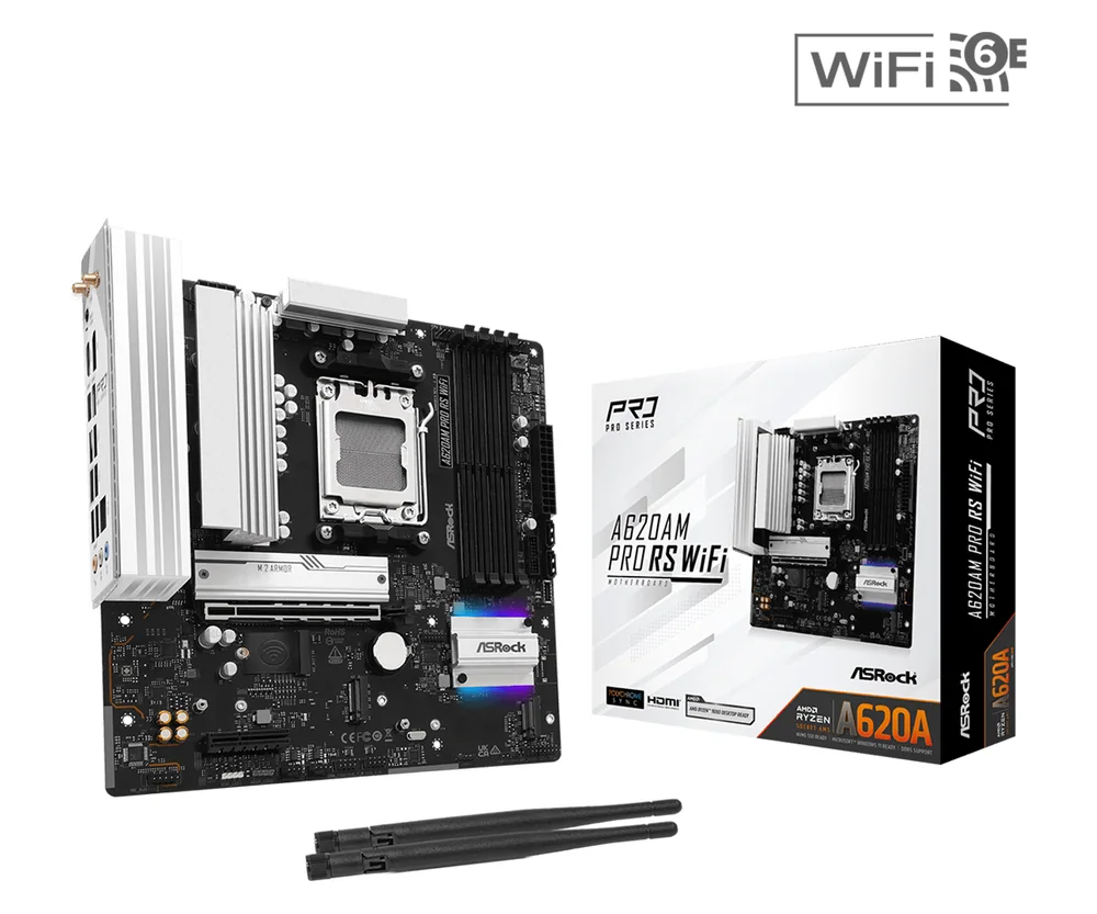 Материнская плата ASRock A620AM PRO RS WIFI AM5 4xDDR5 2xSATA3 RAID 3xM.2 Type-C HDMI DP WiFi6E mATX