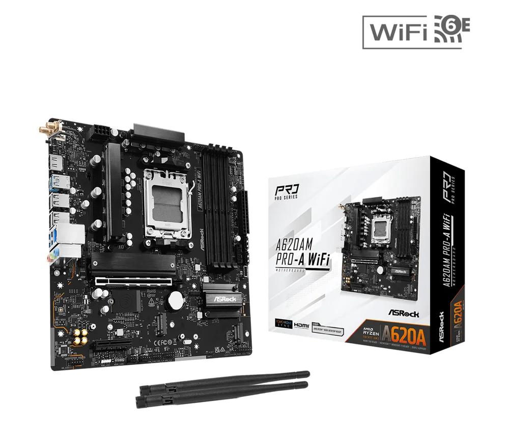 Материнская плата ASRock A620AM PRO-A WIFI AM5 4xDDR5 2xSATA3 RAID 3xM.2 Type-C HDMI WiFi6E mATX