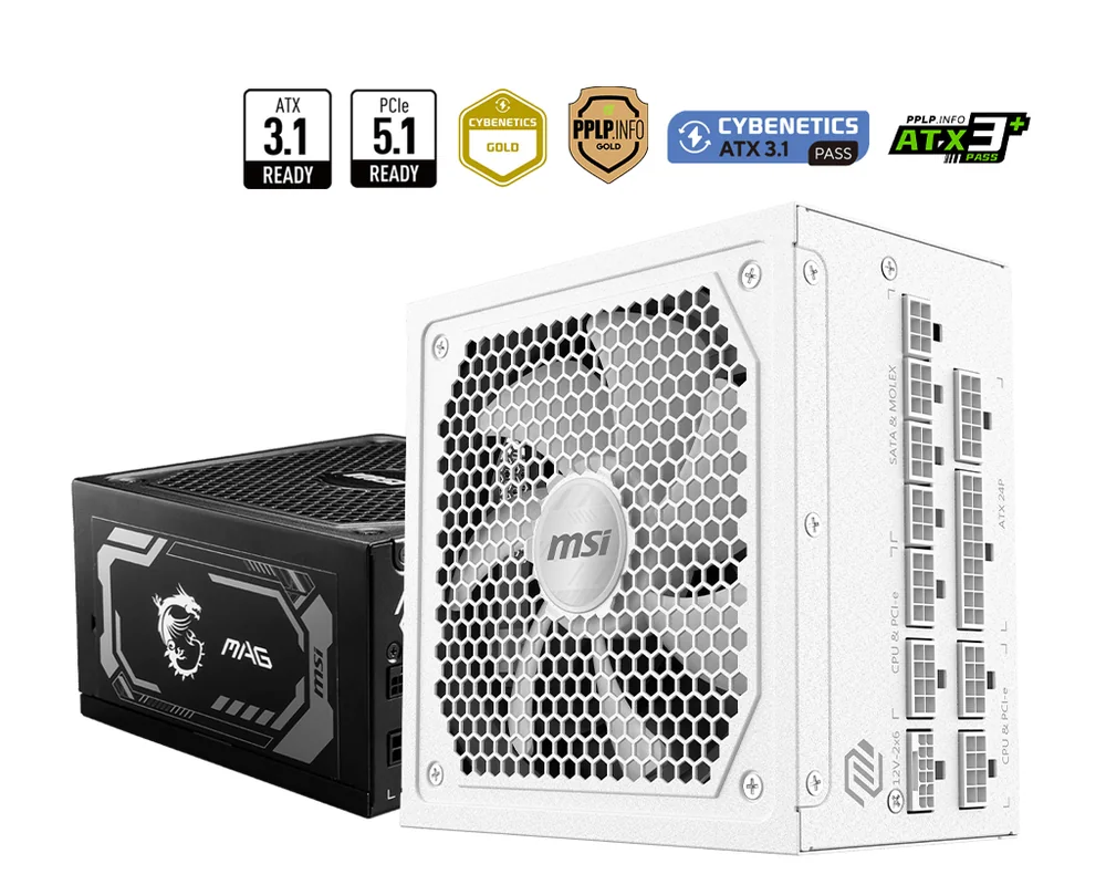 Блок питания MSI 1000W, MAG A1000GL PCIE5 WHITE, Full Modular, ATX, 80+ GOLD, 90%, Fan 135mm, Белый