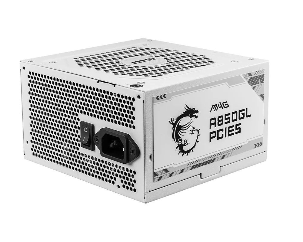 Блок питания MSI 850W, MAG A850GL PCIE5 WHITE, Full Modular, ATX, 80+ GOLD, >90%, Fan 120mm, Белый