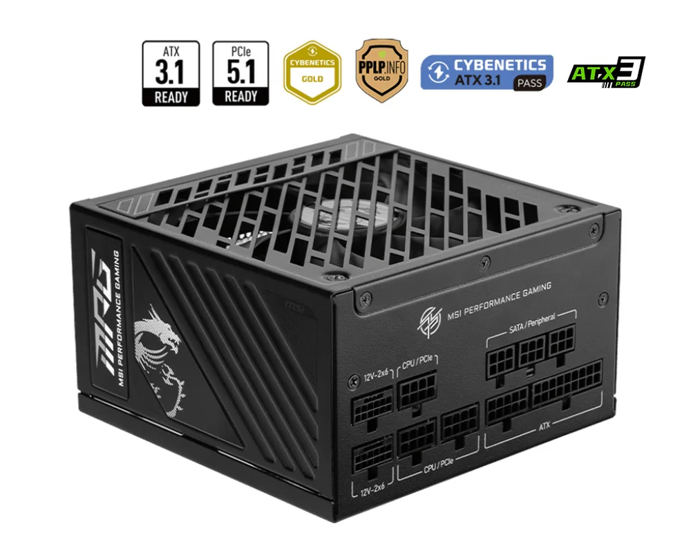 Блок питания MSI 1250W, MPG A1250GS PCIE5, Full Modular, ATX, 80+ GOLD, КПД >90%, Fan 135mm, Черный