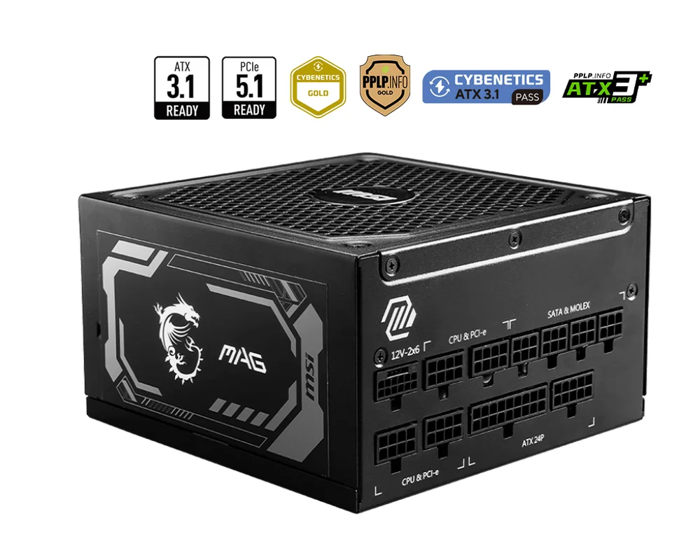 Блок питания MSI 1000W, MAG A1000GL PCIE5, Full Modular, ATX, 80+ GOLD, КПД >90%, Fan 135mm, Черный
