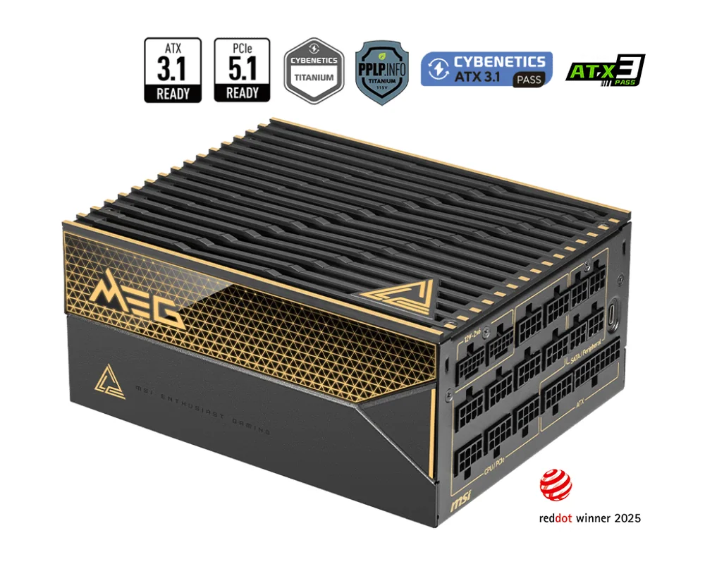 Блок питания MSI 1600W, MEG Ai1600T PCIE5, Full Modular, ATX, 80+ TITANIUM, >94%, Fan 135mm, Черный