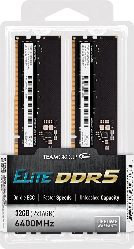 Оперативная память 32GB Kit (2x16GB) 6400MHz DDR5 Team Group ELITE PC5-51200 TED532G6400C52DC01