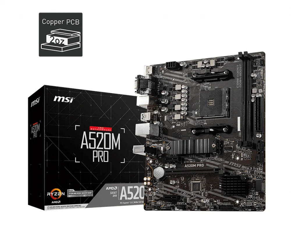Материнская плата MSI A520M PRO AM4 2xDDR4 4xSATA3 RAID M.2 VGA HDMI DP ARGB header mATX