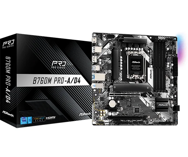 Материнская плата ASRock B760M PRO-A/D4 LGA1700 4xDDR4 4xSATA RAID 2xM.2 Type-C HDMI DP mATX