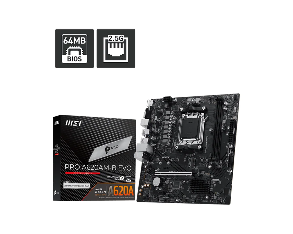 Материнская плата MSI PRO A620AM-B EVO AM5 2xDDR5 4xSATA3 RAID M.2 1xD-Sub 1xHDMI GLAN mATX