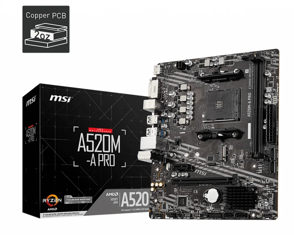 Материнская плата MSI A520M-A PRO AM4 A520 2xDDR4 4xSATA3 RAID 1xM.2 HDMI DVI mATX
